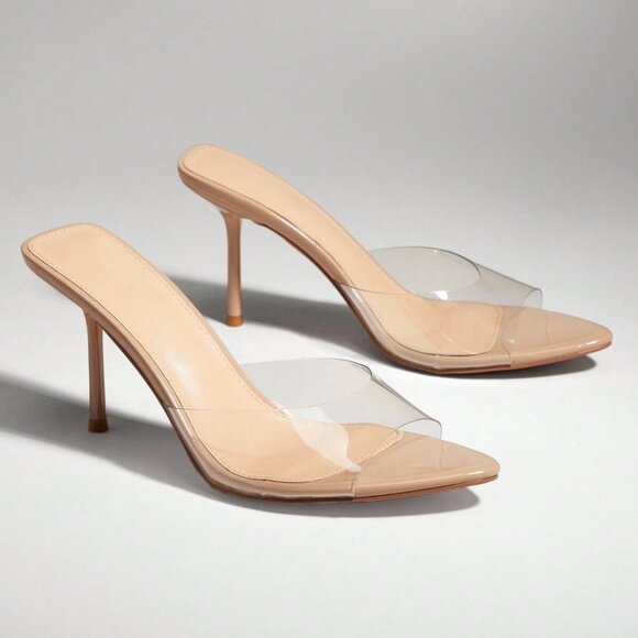 Beige Party Women's Transparent Pointed Toe Stiletto Heels - Picture 6 of 7